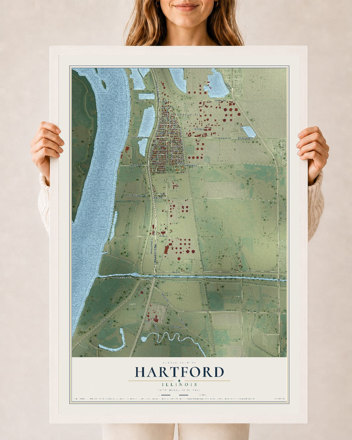 Map of Hartford, Illinois, 24 x 36 inch print in a white wood frame