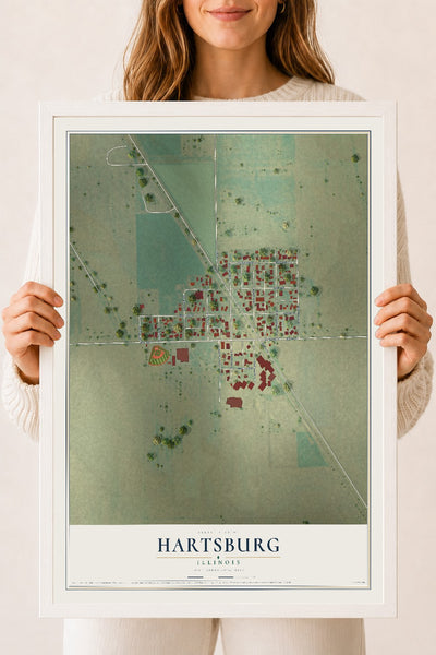 Map of Hartsburg, Illinois, 18 x 24 inch print in a white wood frame