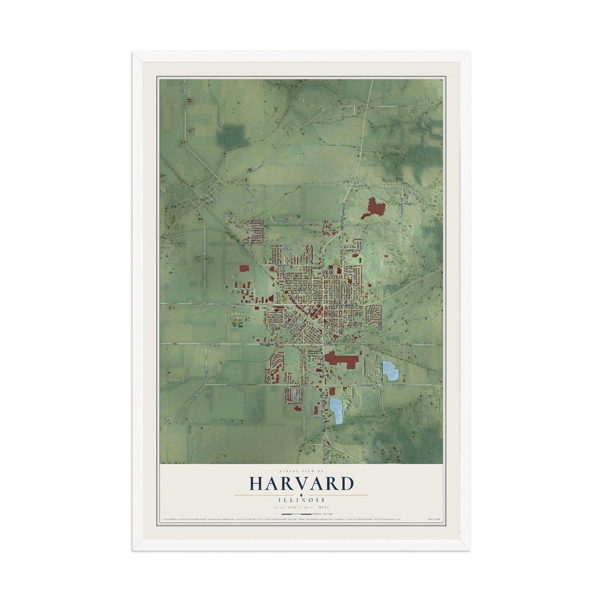 Map of Harvard, Illinois, 12 x 18 inch print in a white wood frame