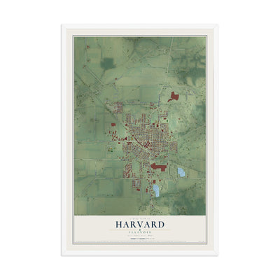 Map of Harvard, Illinois, 12 x 18 inch print in a white wood frame