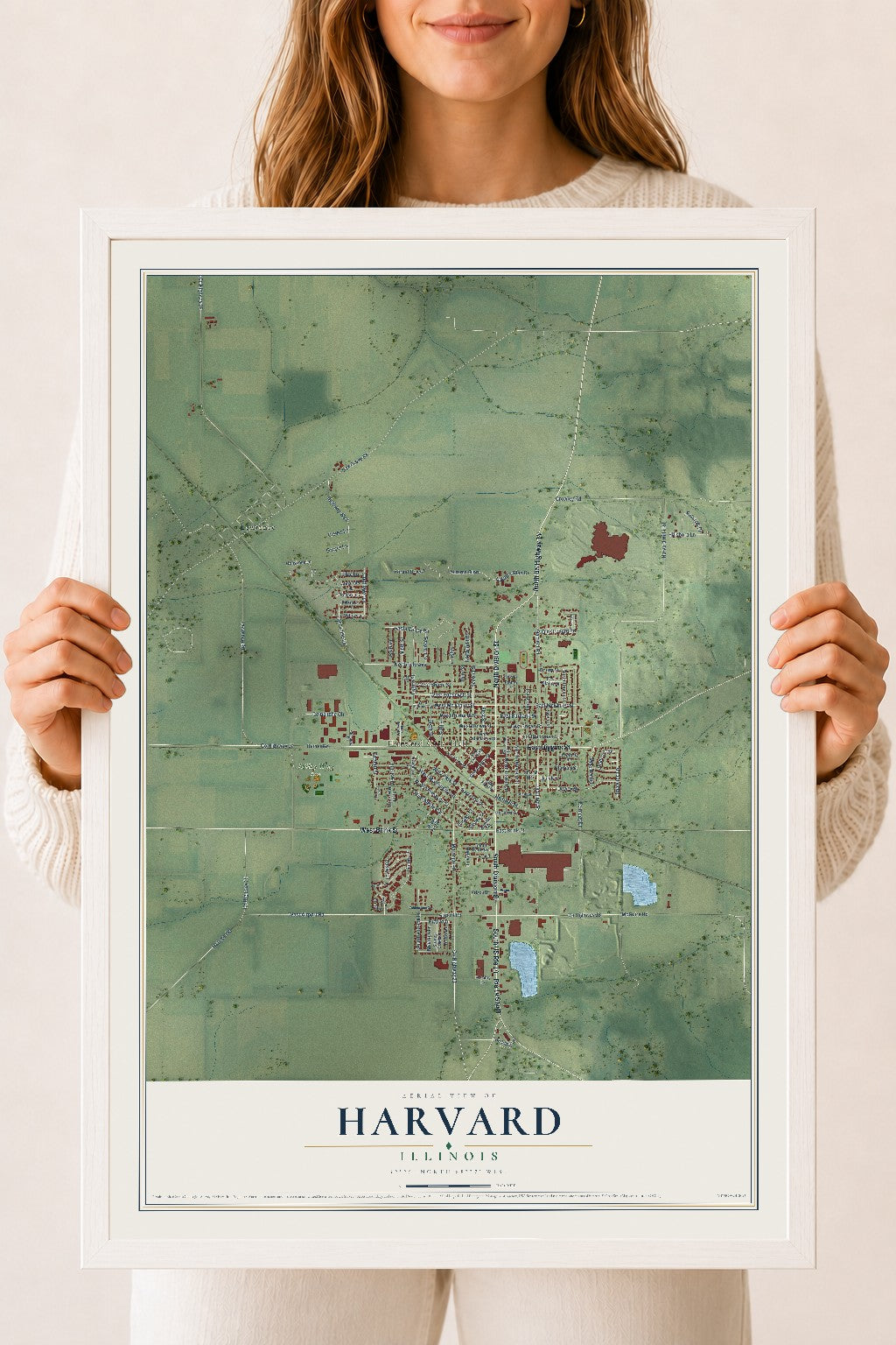Map of Harvard, Illinois, 18 x 24 inch print in a white wood frame