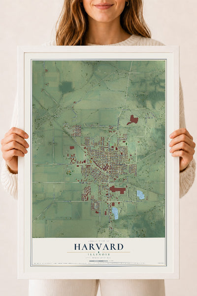 Map of Harvard, Illinois, 18 x 24 inch print in a white wood frame