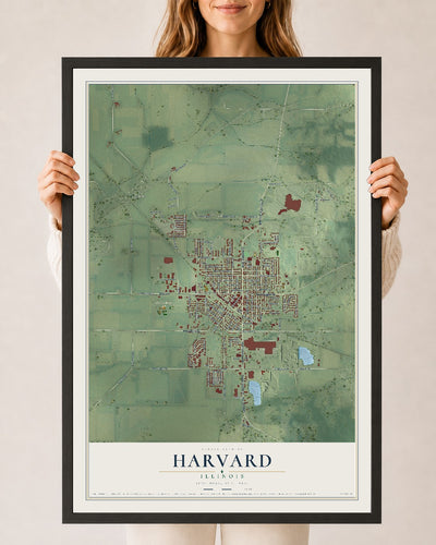 Map of Harvard, Illinois, 24 x 36 inch print in a black wood frame
