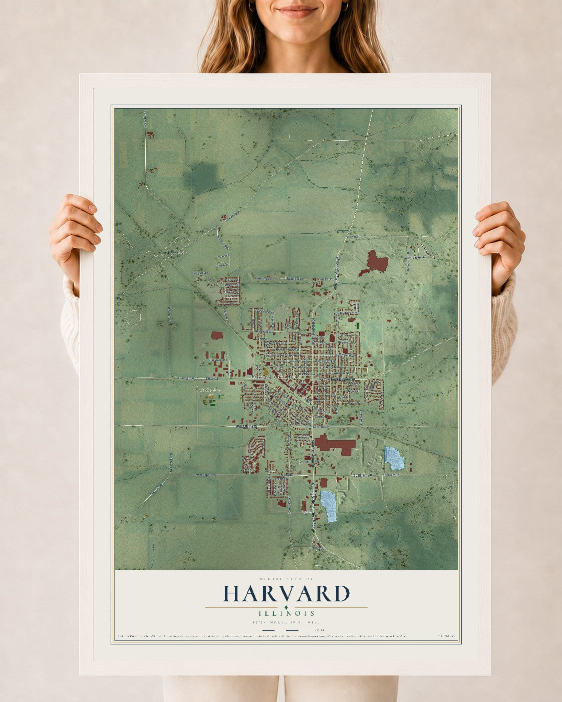 Map of Harvard, Illinois, 24 x 36 inch print in a white wood frame