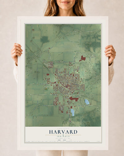 Map of Harvard, Illinois, 24 x 36 inch print in a white wood frame