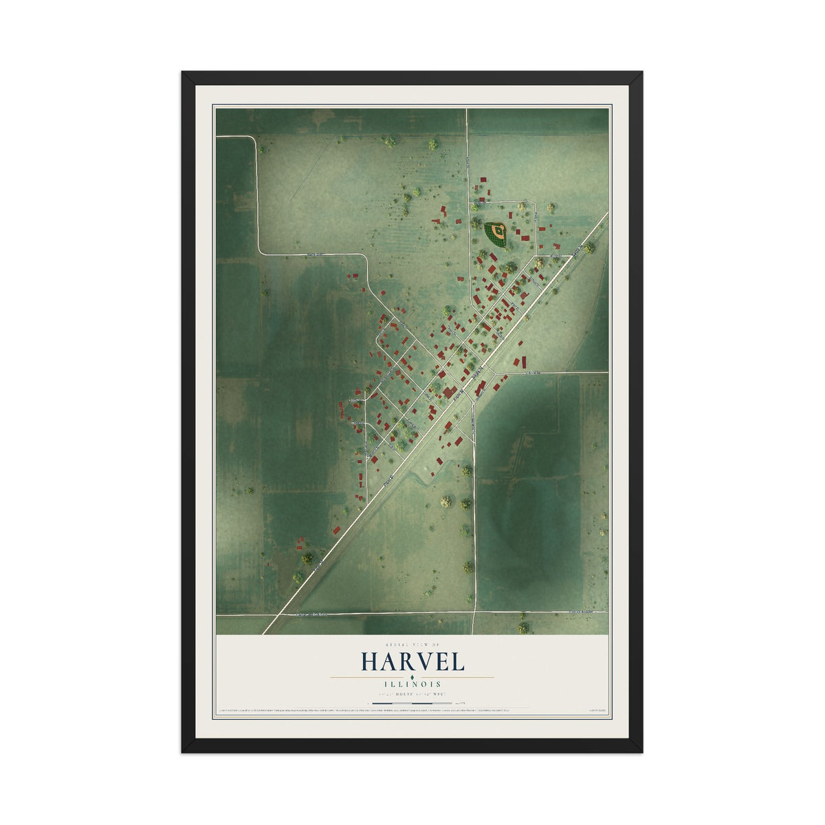 Map of Harvel, Illinois, 12 x 18 inch print in a black wood frame