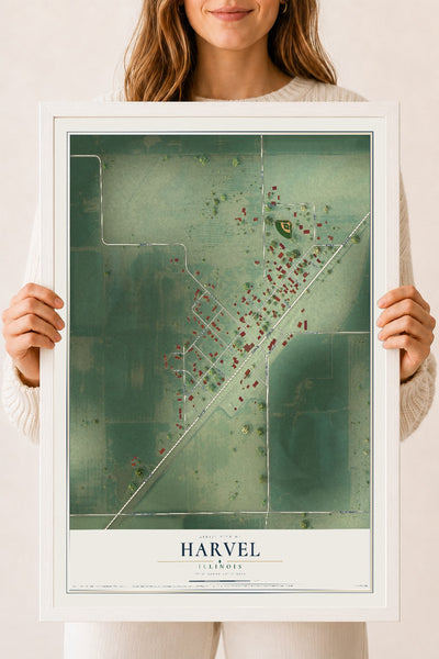 Map of Harvel, Illinois, 18 x 24 inch print in a white wood frame