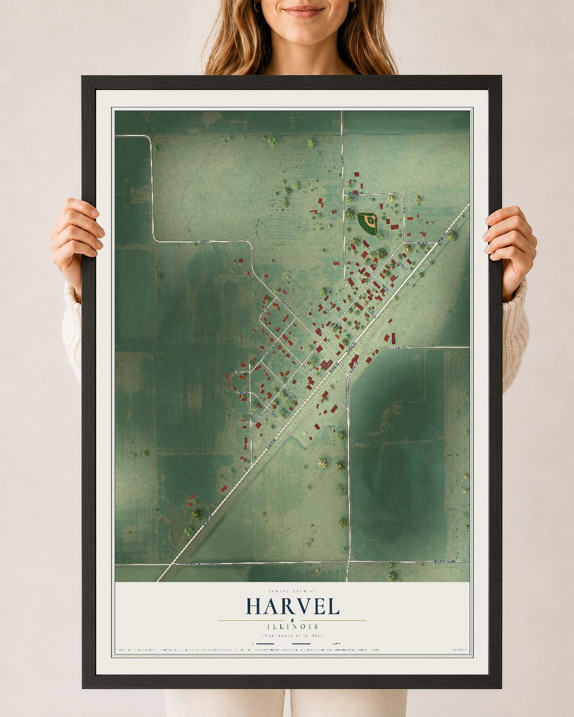 Map of Harvel, Illinois, 24 x 36 inch print in a black wood frame