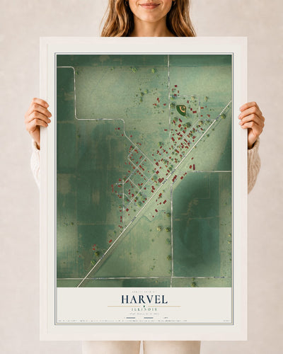 Map of Harvel, Illinois, 24 x 36 inch print in a white wood frame