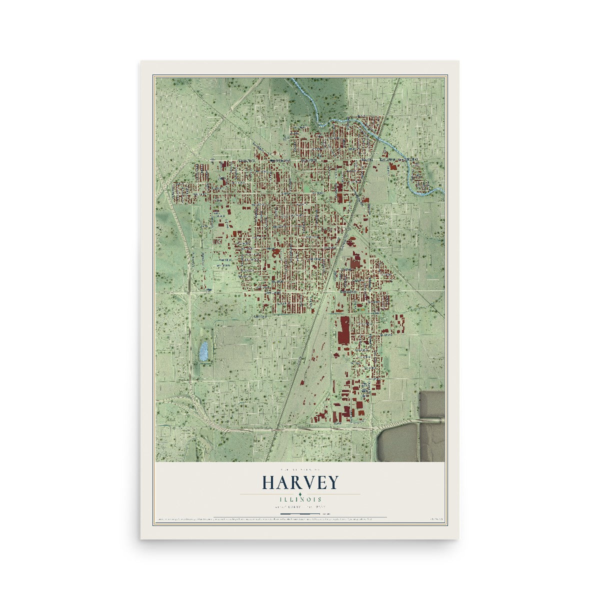 Map of Harvey, Illinois, 12 x 18 inch unframed archival matte print