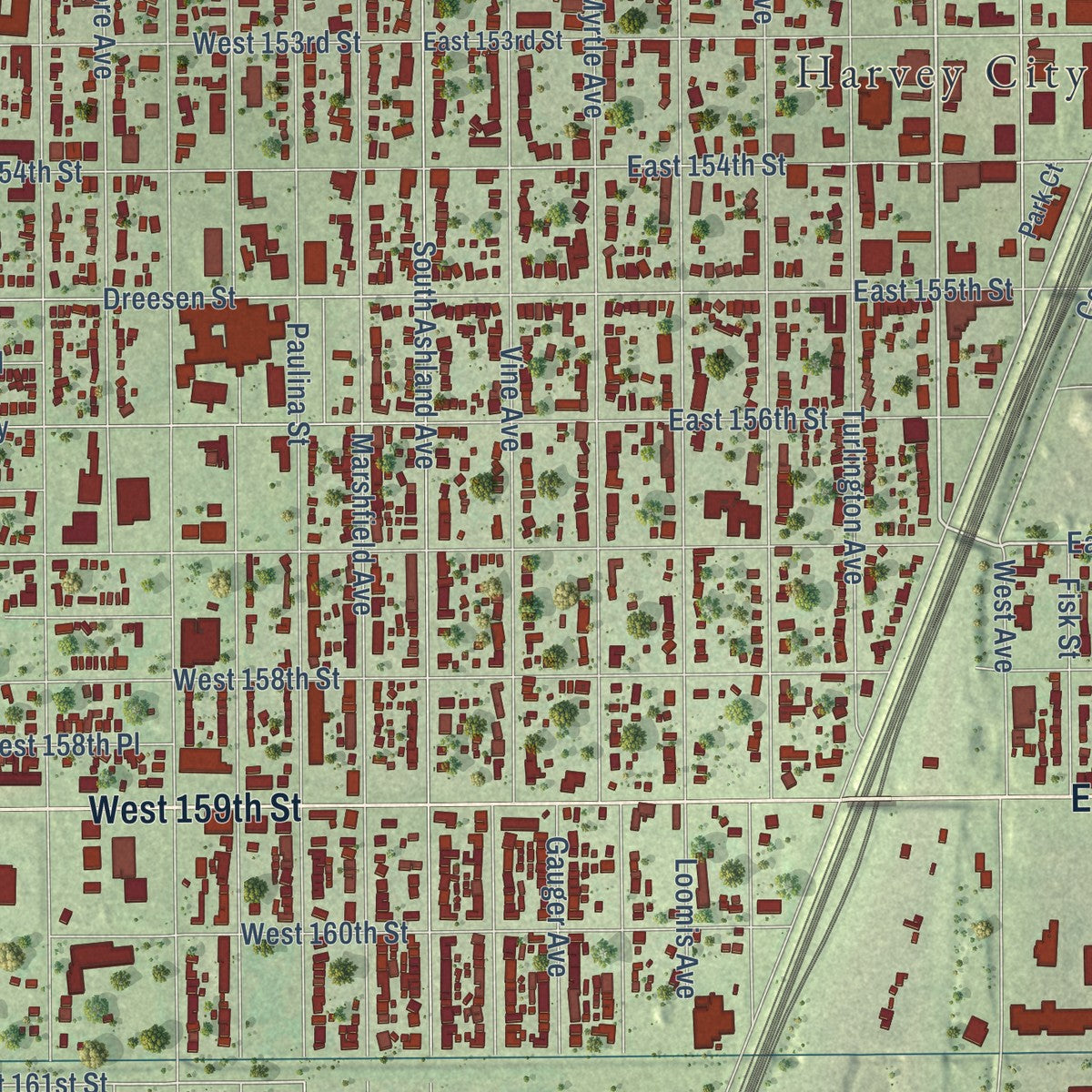 Close-up of the map of Harvey, Illinois print showing street and building detail