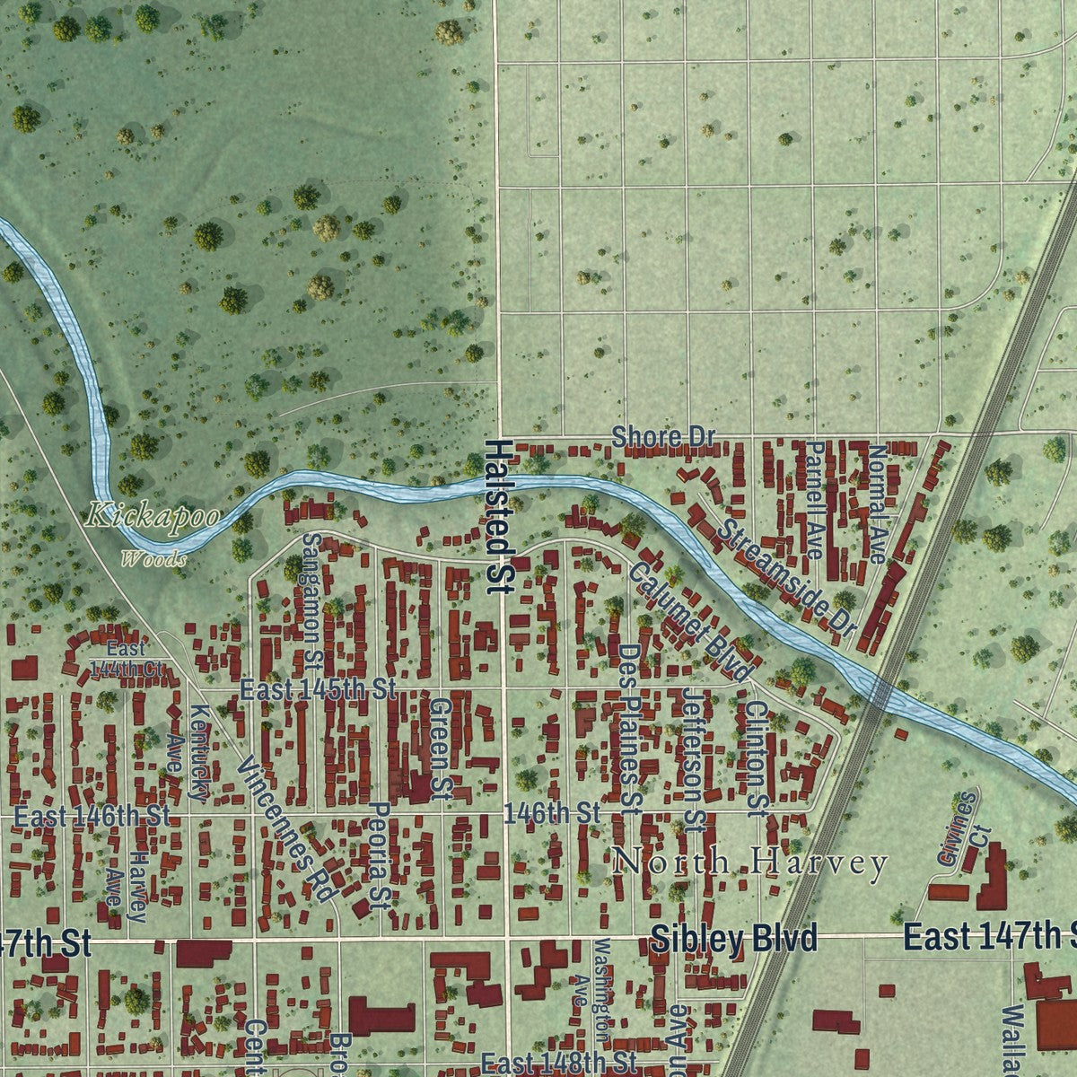 Second close-up of the map of Harvey, Illinois print showing more streets and buildings