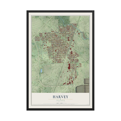 Map of Harvey, Illinois, 12 x 18 inch print in a black wood frame