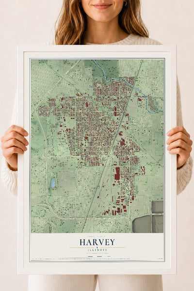 Map of Harvey, Illinois, 18 x 24 inch print in a white wood frame