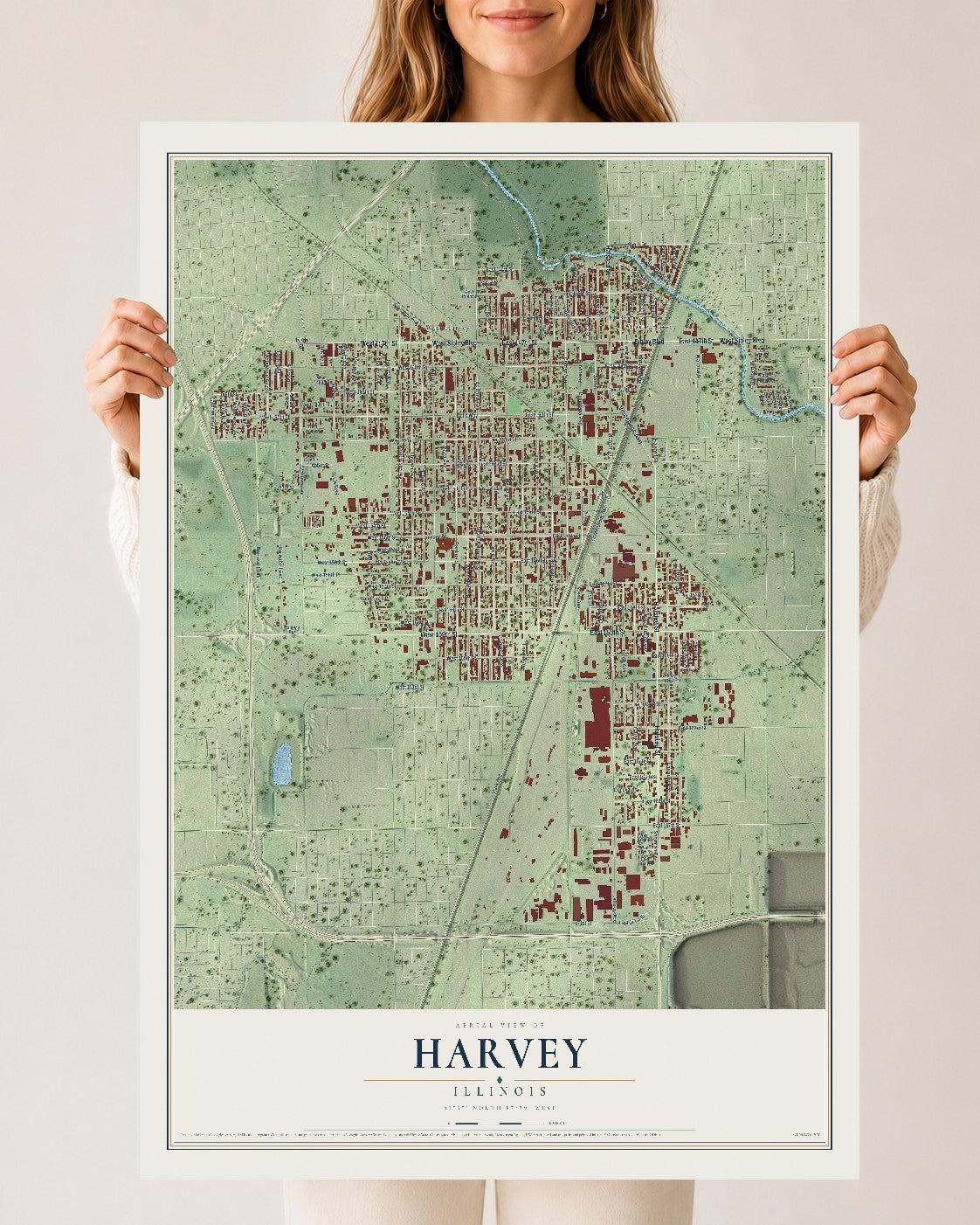 Map of Harvey, Illinois, 24 x 36 inch unframed archival matte print