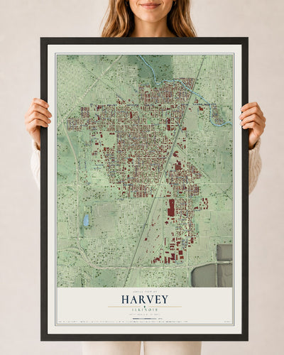 Map of Harvey, Illinois, 24 x 36 inch print in a black wood frame
