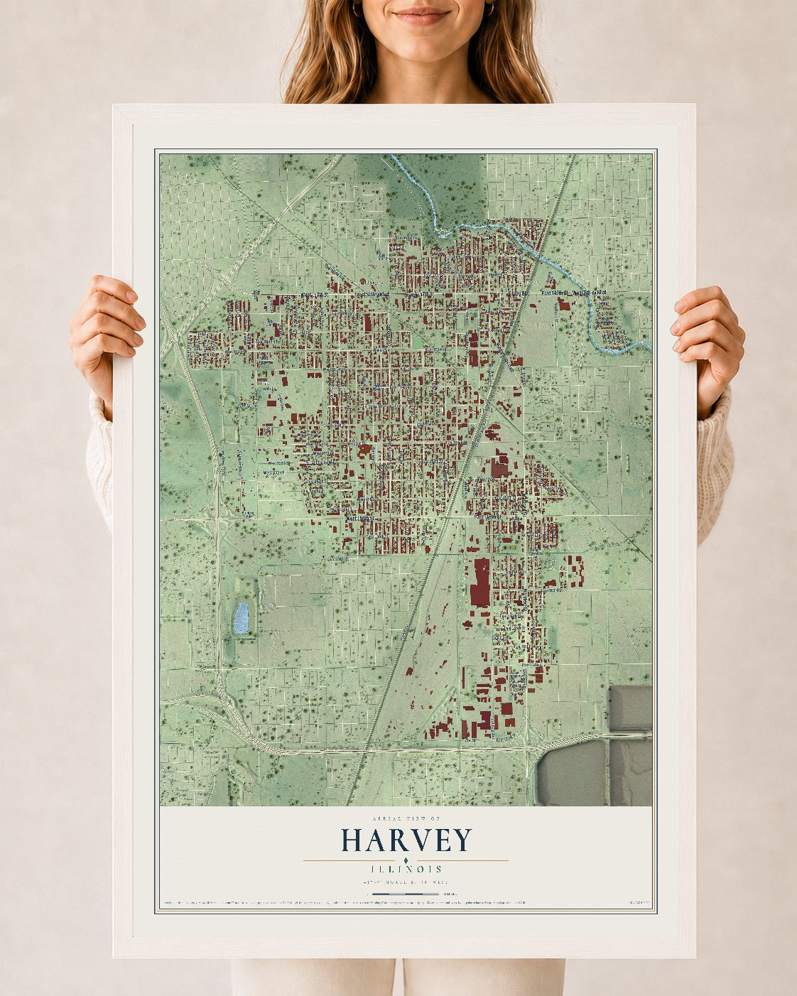 Map of Harvey, Illinois, 24 x 36 inch print in a white wood frame