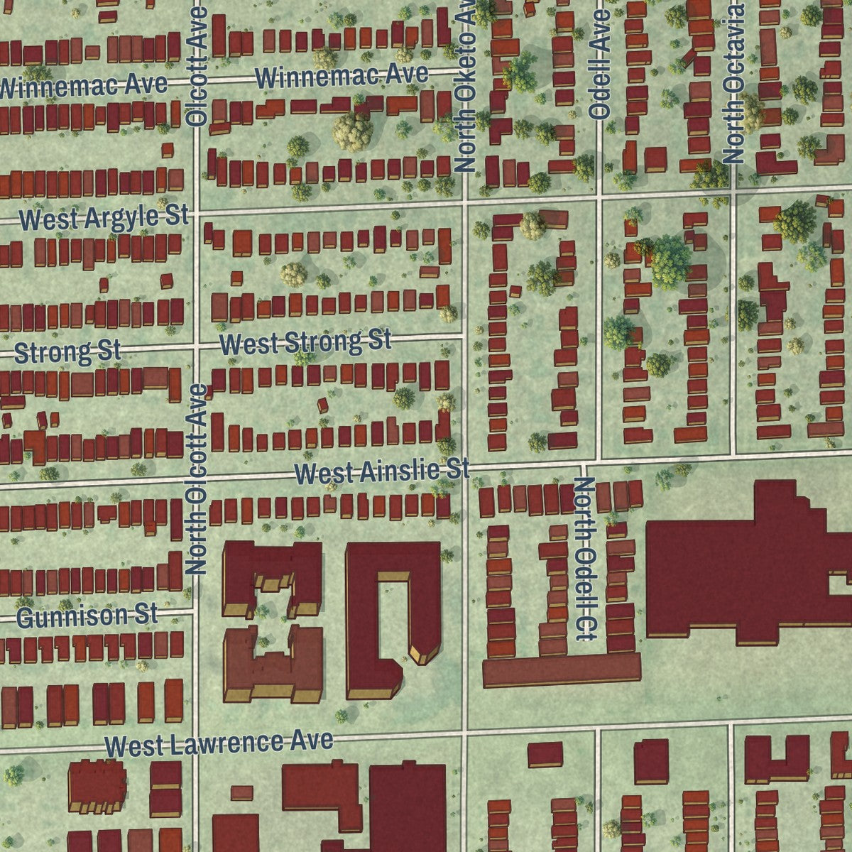 Close-up of the map of Harwood Heights, Illinois print showing street and building detail
