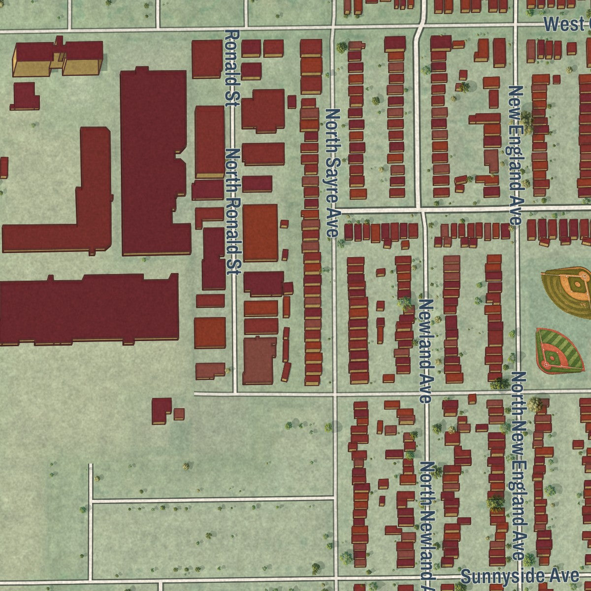 Second close-up of the map of Harwood Heights, Illinois print showing more streets and buildings
