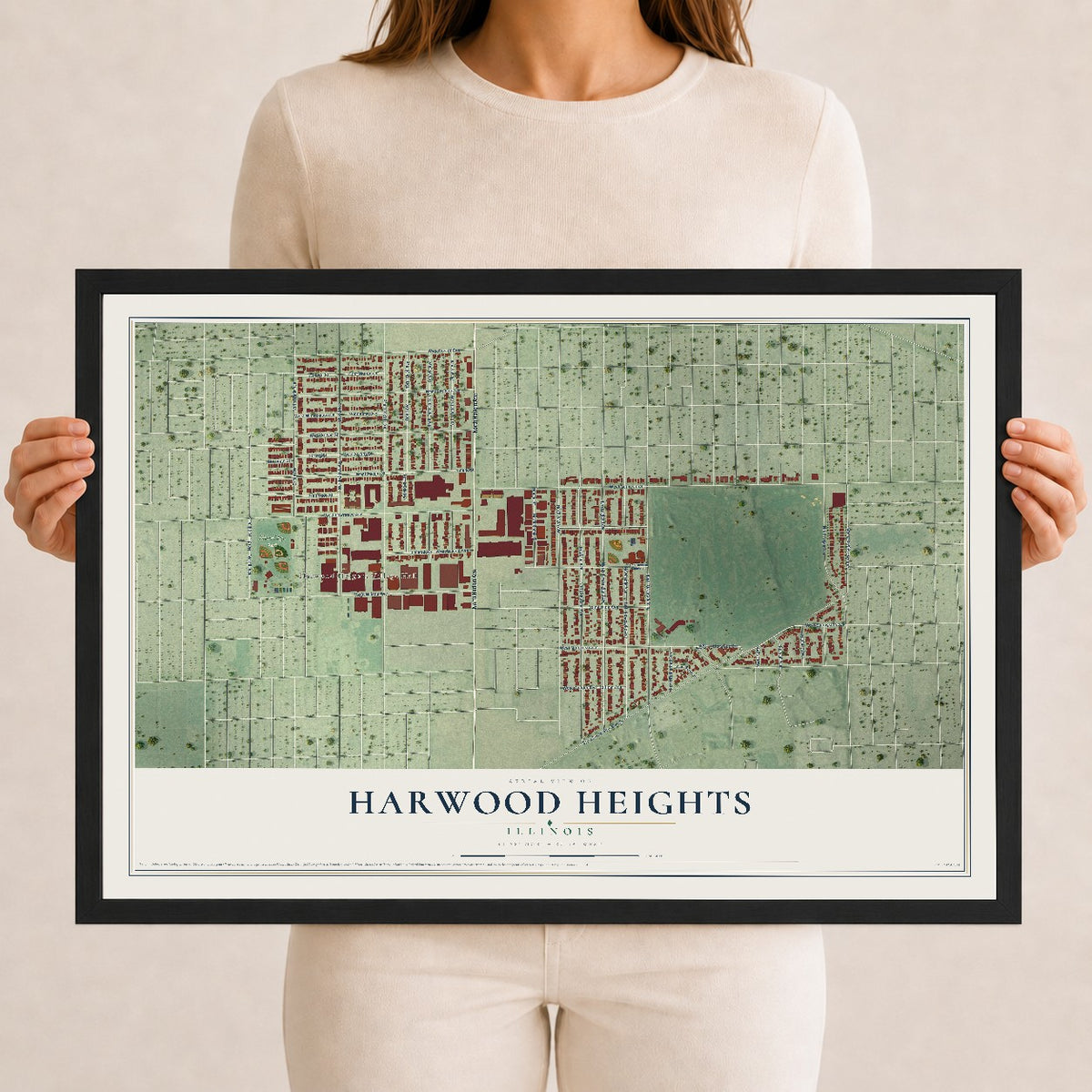 Map of Harwood Heights, Illinois, 12 x 18 inch print in a black wood frame