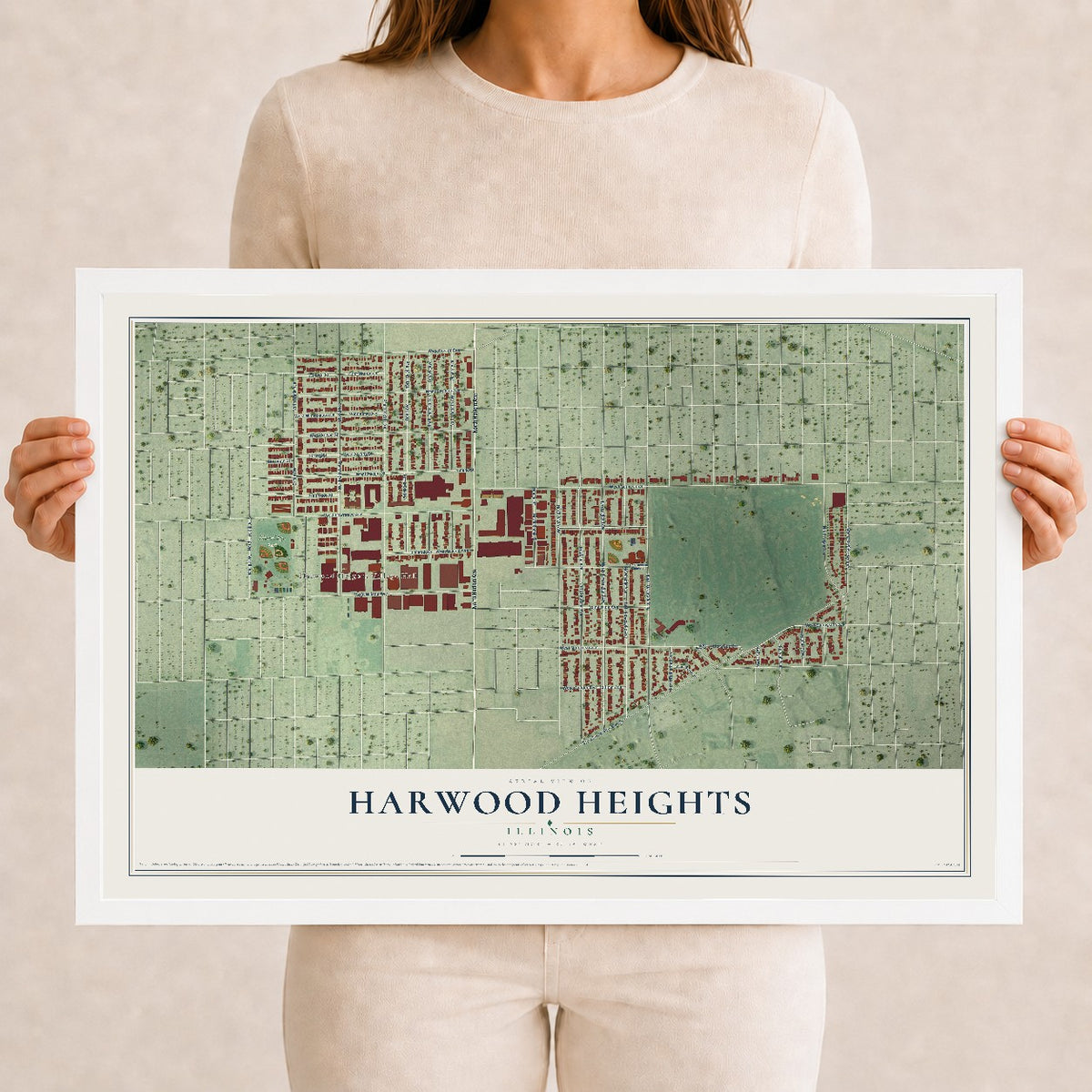Map of Harwood Heights, Illinois, 12 x 18 inch print in a white wood frame