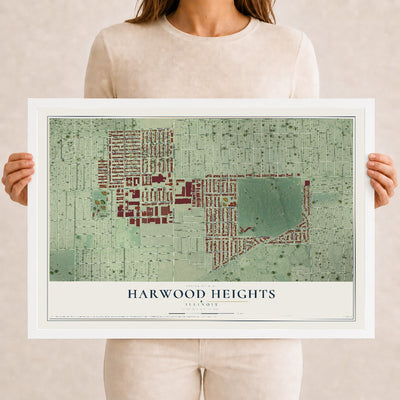 Map of Harwood Heights, Illinois, 12 x 18 inch print in a white wood frame