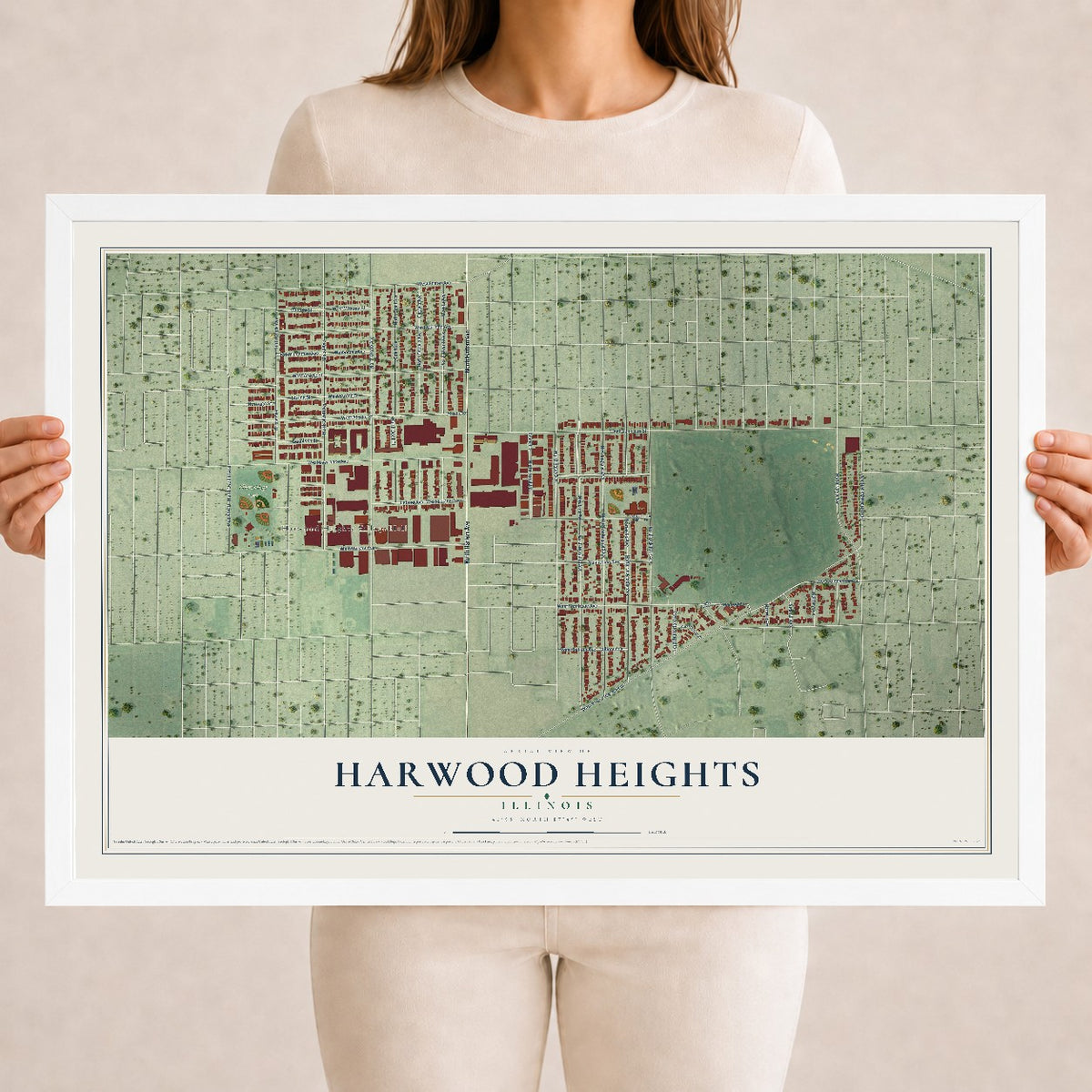 Map of Harwood Heights, Illinois, 18 x 24 inch print in a white wood frame