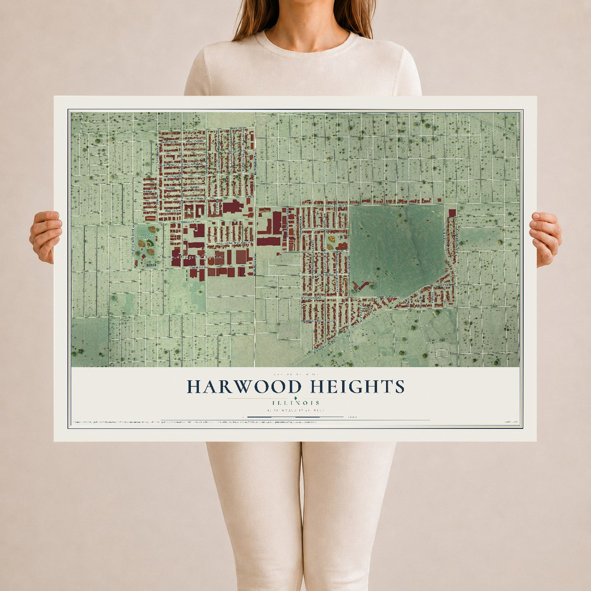 Map of Harwood Heights, Illinois, 24 x 36 inch unframed archival matte print