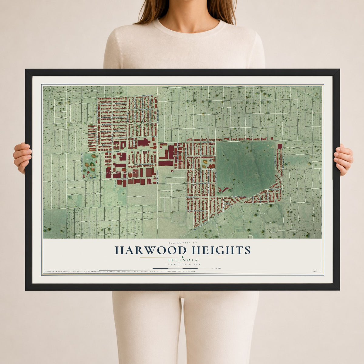 Map of Harwood Heights, Illinois, 24 x 36 inch print in a black wood frame