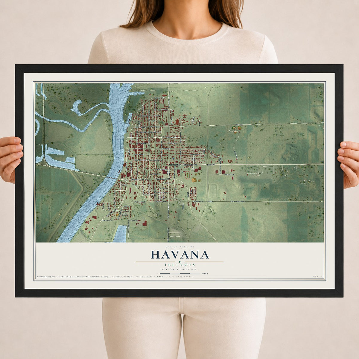 Map of Havana, Illinois, 18 x 24 inch print in a black wood frame