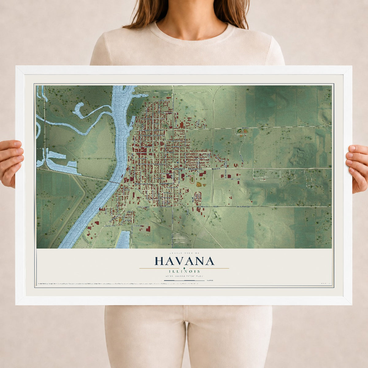 Map of Havana, Illinois, 18 x 24 inch print in a white wood frame
