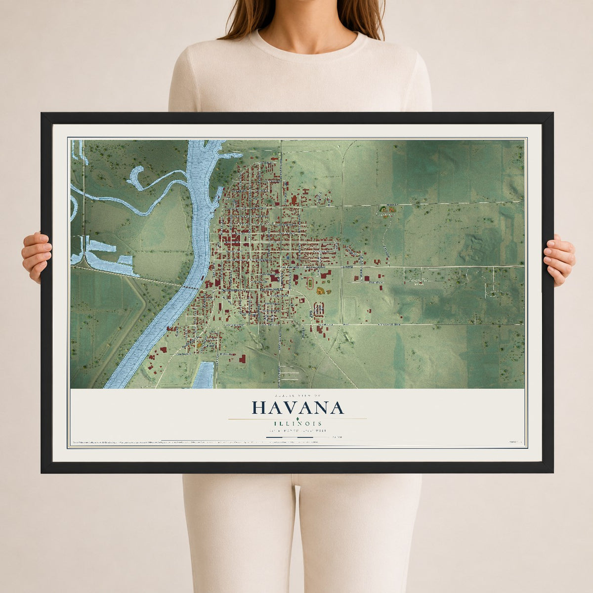 Map of Havana, Illinois, 24 x 36 inch print in a black wood frame