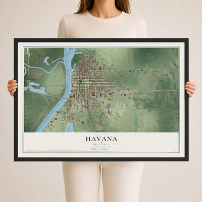 Map of Havana, Illinois, 24 x 36 inch print in a black wood frame