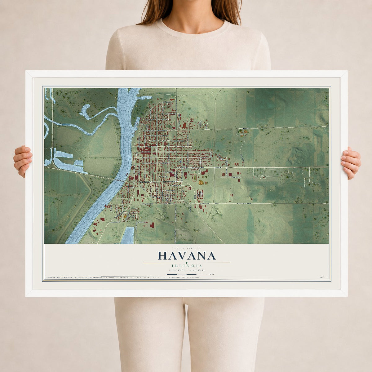 Map of Havana, Illinois, 24 x 36 inch print in a white wood frame