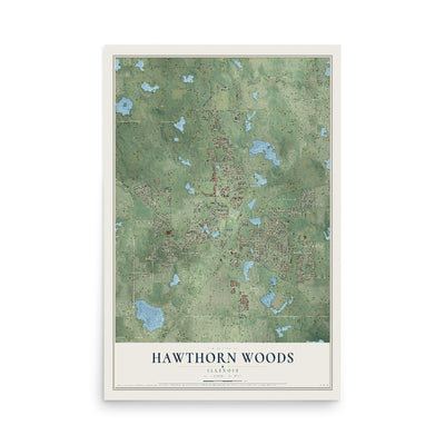 Map of Hawthorn Woods, Illinois, 12 x 18 inch unframed archival matte print