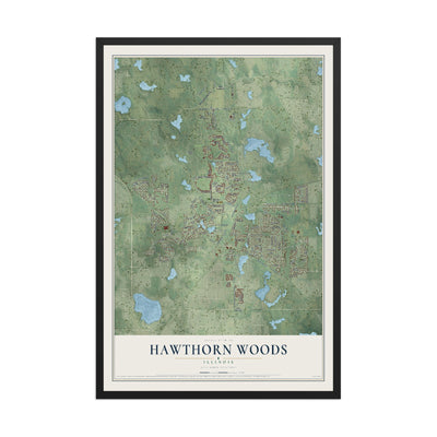 Map of Hawthorn Woods, Illinois, 12 x 18 inch print in a black wood frame