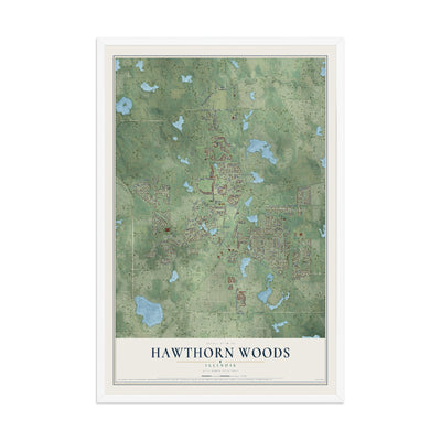 Map of Hawthorn Woods, Illinois, 12 x 18 inch print in a white wood frame