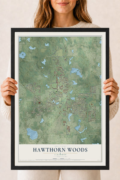 Map of Hawthorn Woods, Illinois, 18 x 24 inch print in a black wood frame