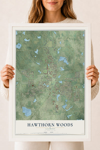 Map of Hawthorn Woods, Illinois, 18 x 24 inch print in a white wood frame