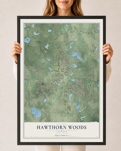 Map of Hawthorn Woods, Illinois, 24 x 36 inch print in a black wood frame