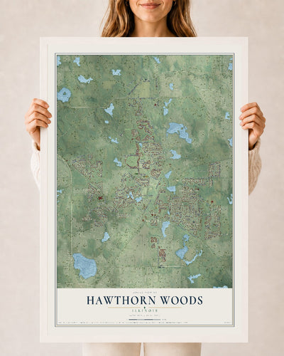 Map of Hawthorn Woods, Illinois, 24 x 36 inch print in a white wood frame