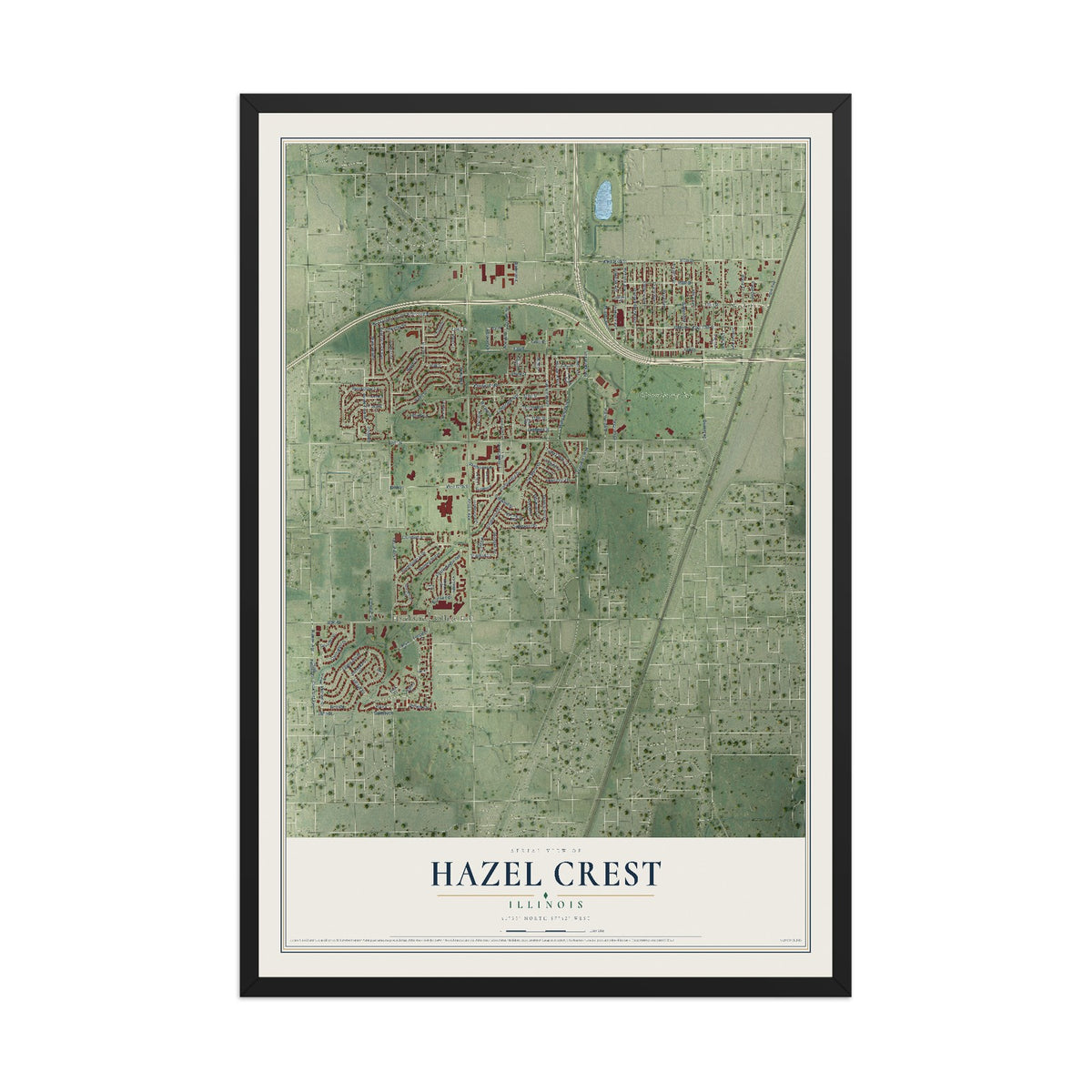 Map of Hazel Crest, Illinois, 12 x 18 inch print in a black wood frame