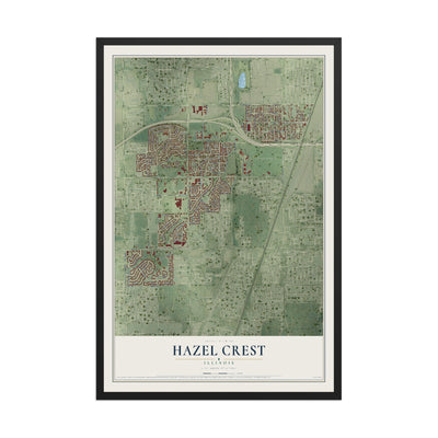Map of Hazel Crest, Illinois, 12 x 18 inch print in a black wood frame