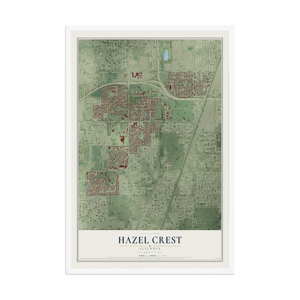 Map of Hazel Crest, Illinois, 12 x 18 inch print in a white wood frame