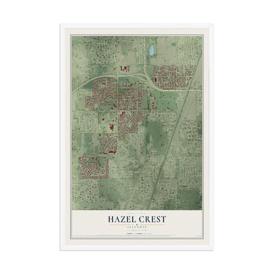 Map of Hazel Crest, Illinois, 12 x 18 inch print in a white wood frame