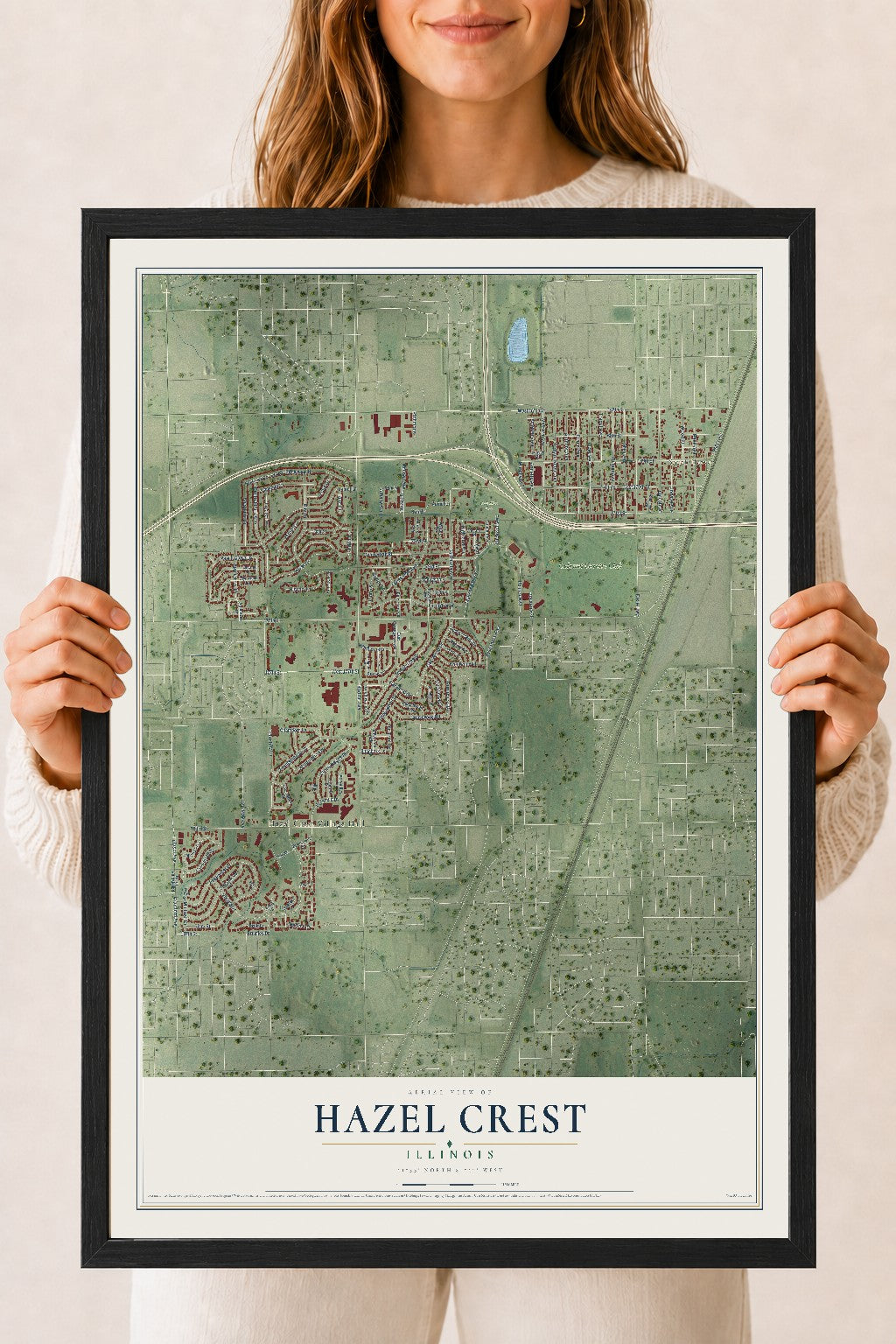 Map of Hazel Crest, Illinois, 18 x 24 inch print in a black wood frame