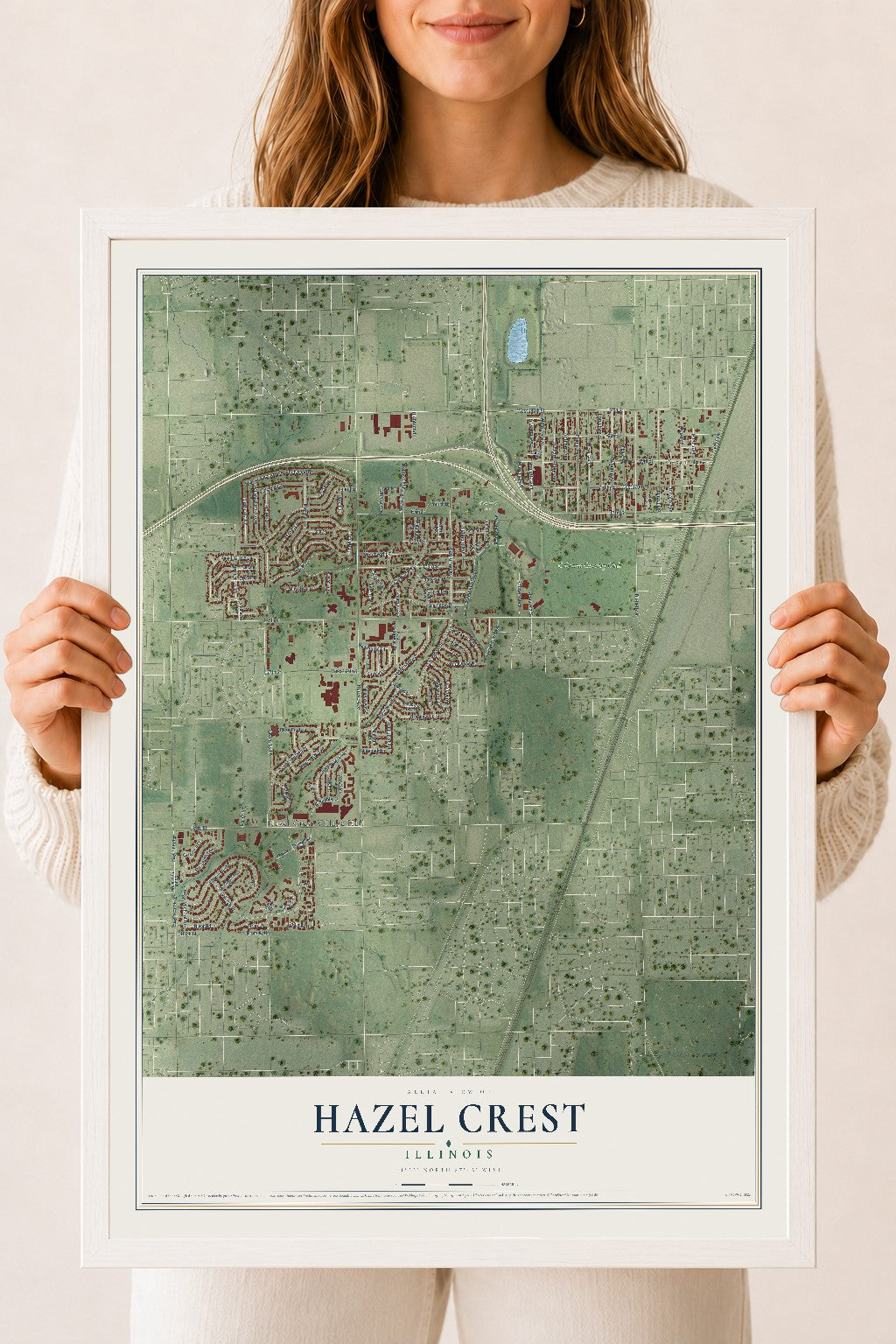 Map of Hazel Crest, Illinois, 18 x 24 inch print in a white wood frame