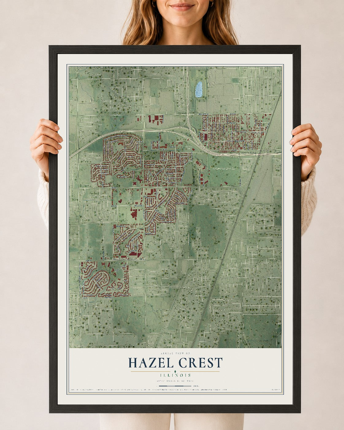 Map of Hazel Crest, Illinois, 24 x 36 inch print in a black wood frame
