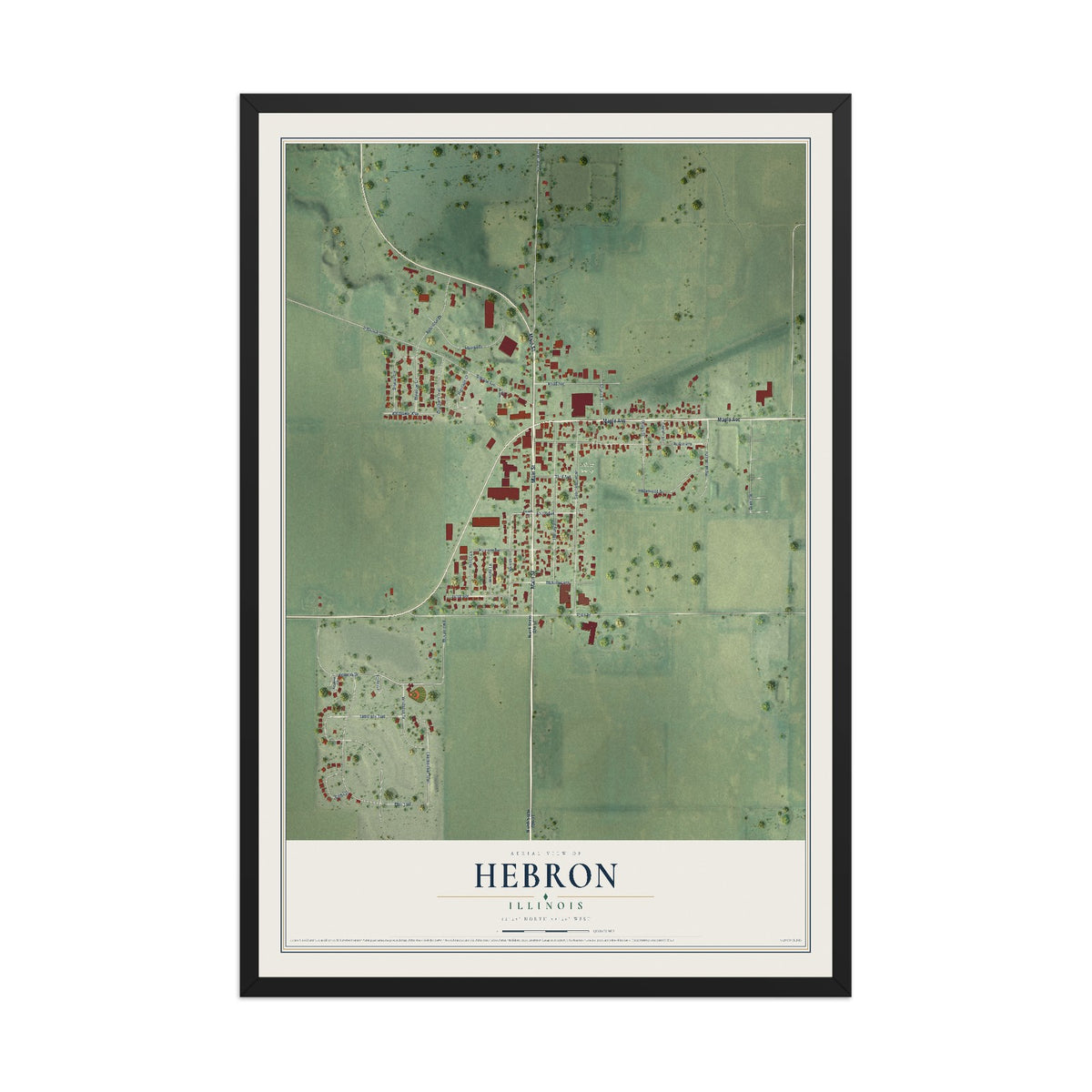 Map of Hebron, Illinois, 12 x 18 inch print in a black wood frame