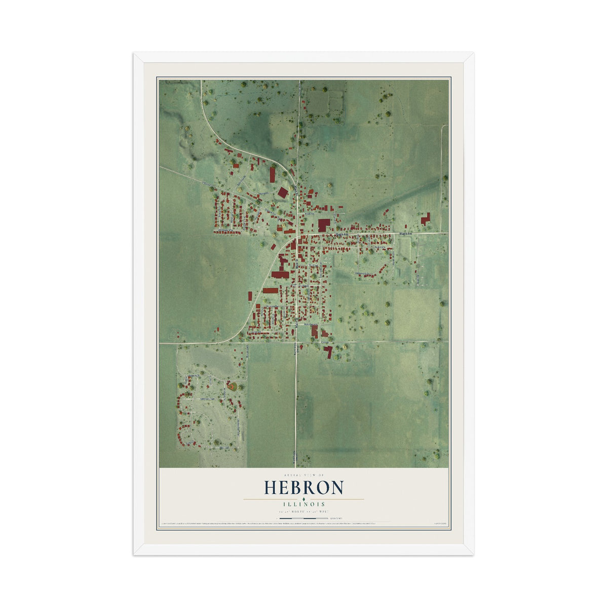 Map of Hebron, Illinois, 12 x 18 inch print in a white wood frame